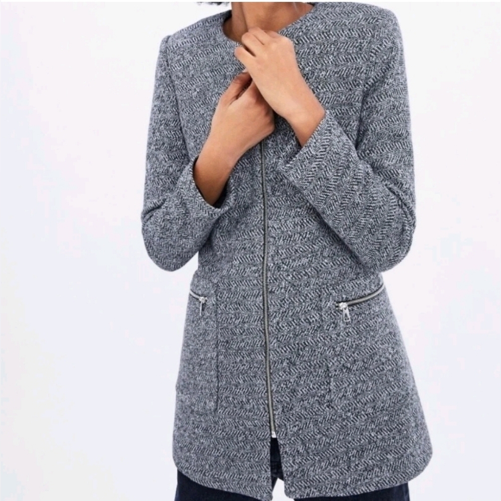 Zara Classic Car Coat Herringbone Zip-Front Lined Black & White Blazer Sz Lg
